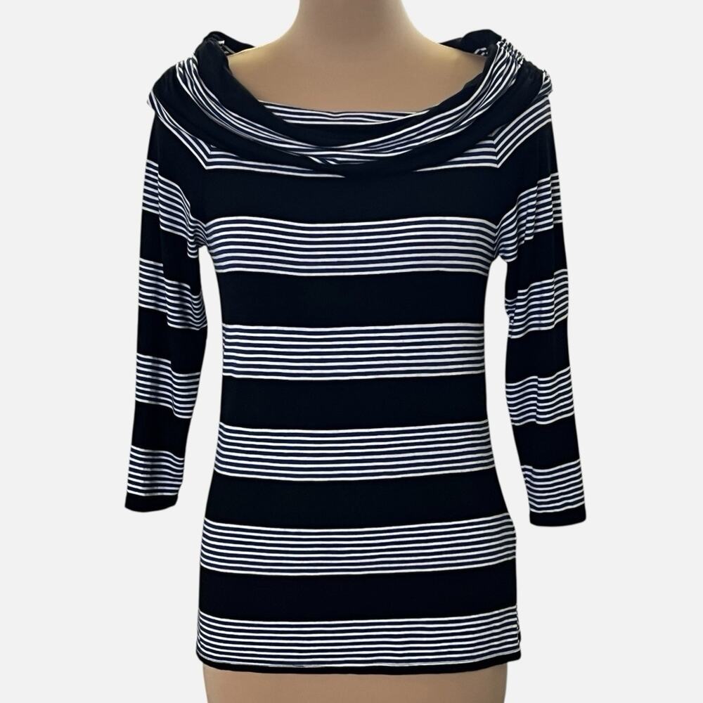 Max Studio Top Womens Large Cowl Neck Stretch Knit Stripe Black White Blue